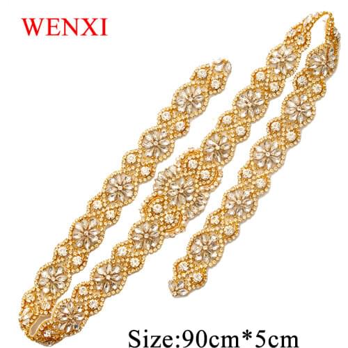WENXI 1PCS Full Length Bride Gown Sash Rhinestones Appliques Sew On Wedding Dress Belt Clear Rose Gold Crystal Accessories WX893