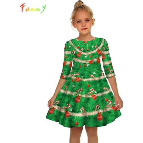 Green Half Sleeve Christmas Tree Bell Print Kids Dress Princess Costume 2019 Autumn Winter Christmas Dress Girl Clothes Vestidos