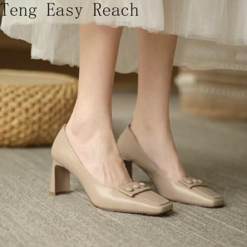 Natural Leather Square Toe Thick High Heels Office Dress Shoes for Woman Nude Color Lady Stilettos Pumps Zapatos Para Mujer 43