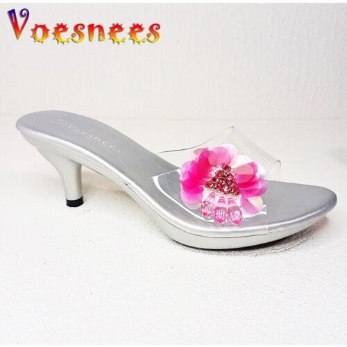 2021 Walking Show Stripper Heels Slippers Clear Shoes Woman Platforms High Heels Sandals Women Sexy Fish Mouth Slides Size 34-43