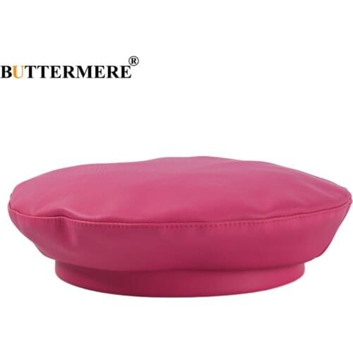 BUTTERMERE Rose Red Winter Hat Pu Leather French Berets Caps for Women Solid Retro Ladies Artist Beret Beanies Cap
