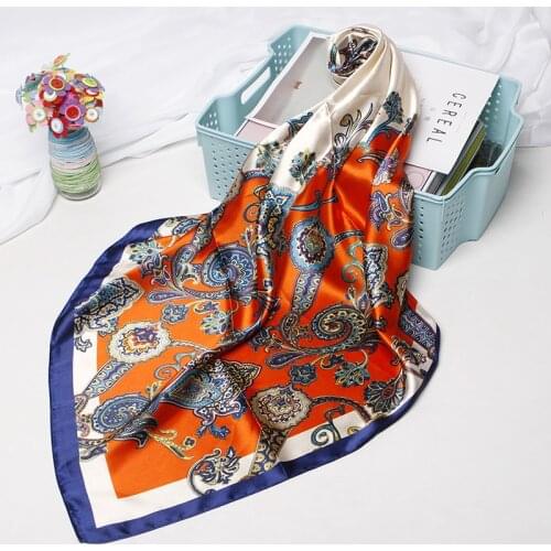 2019 Floral Print Head Scarf For Women Silk Satin Hijab Scarfs Orange Red 90*90cm Square Neckerchief Headband Scarves For Ladies