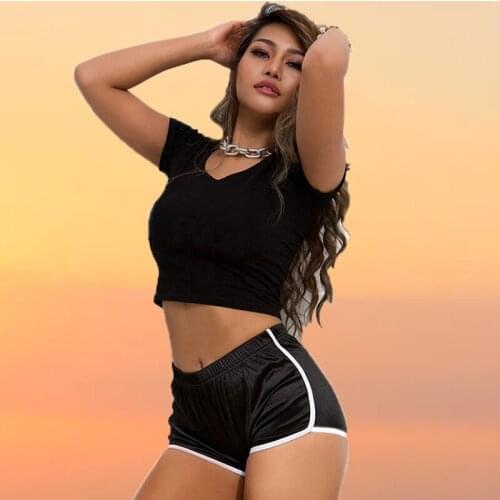 2Pcs Sets Womens Summer Short Sleeves Suit Solid Navel Sexy Slim T-shirt + Stretch Shorts Sports Casual Female Tracksuits