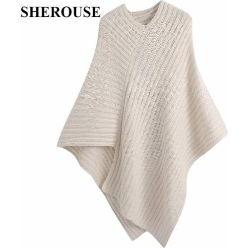SHEROUSE Women Fashion Knitted Long Asymmetric Cape Vintage Pullover Sweater O-neck Irregular hem Woman Sweaters Chic Tops