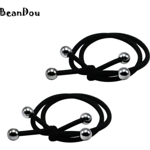2pcs 4mm black elastic hairband ponytail rubber rope gum ties black beads headband accessories for woman girls free shipping