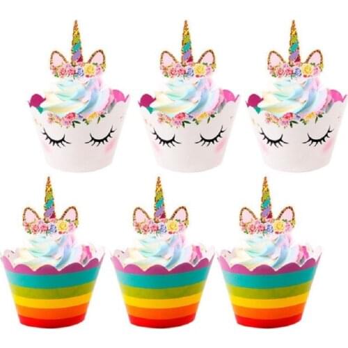 24pcs Unicorn Cake Toppers Cupcake Wrappers For Unicorn Birthday Party Decorations Kids Girl Favors Supplies