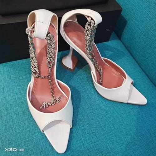 Casual Designer Summer sexy lady fashion womens shoes white with chains peep toe Shallow Patchwork high heels sandals
