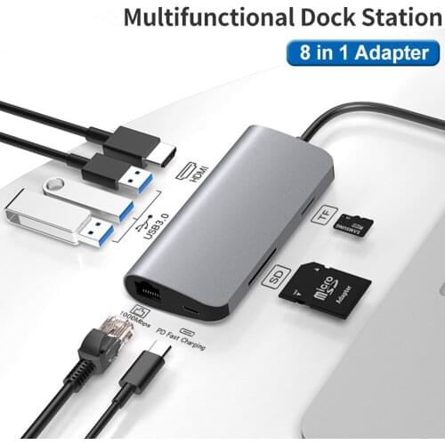 8-in-1 Type-C Hub USB Multi Function USB C To TF/SD Card Read 4K HDMI RJ45 USB 3.0 PD Fast Charger Adapter Docking Station