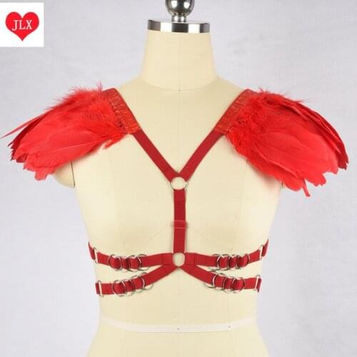 Gothic Feather wings epaulette pastel goth body harness, red Feather wing body harness cage bra harness with silver hardware