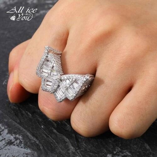 ALLICEONYOU Ice Out Hip Hop Plated High Quality Cubic Zirconia Butterfly Ring Jewellery Gold Sliver-color For Women Gift