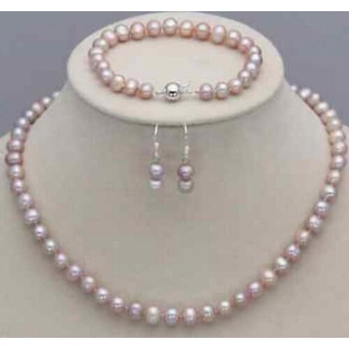 New hot Genuine 7-8mm Natural Purple Freshwater Pearl Necklace Bracelet Earrings Set