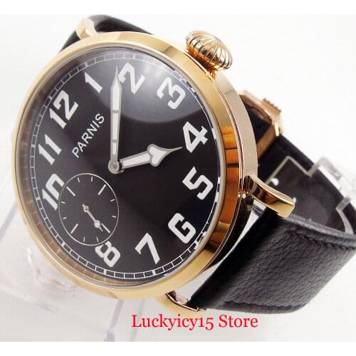 PARNIS 46mm Black Dial 6497 Movement Gold Coated Round Polished Case Mechanical Hand Winding Watch