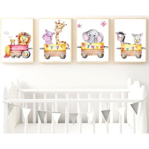 Cartoon Transport Animals Lion Elephant Giraffe Zebra Wall Art Print Canvas Painting Nordic Poster Decor Pictures Baby Boy Room