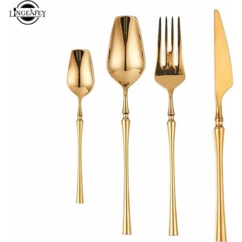 24pcs/set Mirror Gold Cutlery Stainless Steel Dinner Forks Knives Coffee Tea Spoon Korean Kitchen Cutlery Service Dinner Set