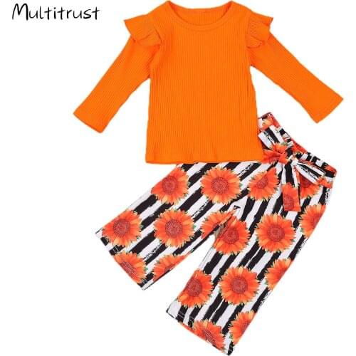 Toddler Girls Clothes 1-6Y Orange Round Neck Long Sleeve Knitted Top + Bowknot Sunflower Long Pant 2pcs Casual Outfits