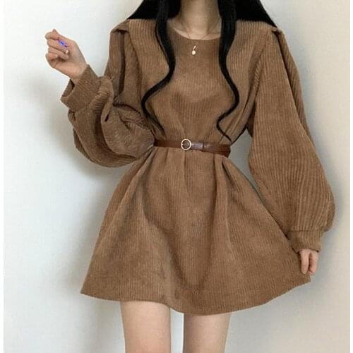 Vintage Corduroy Belt Dress Women Solid O-Neck Lantern Sleeve Mini Dresses Ladies Korean Fashion Spring Fall Vestido De Mujer
