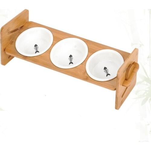 Height-adjustable Pet Bowl Bamboo Shelf Ceramic Feeding Drinking Bowls For Dogs Cats Pet Feeder Pet Tableware With Slope Base