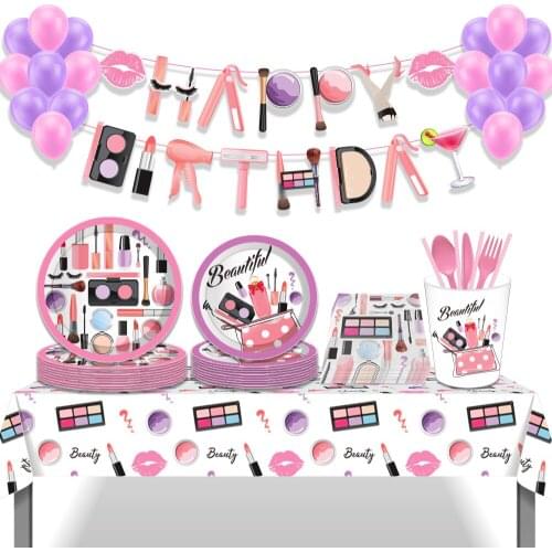 Cosmetics Beauty Theme Party Decoration Tableware Paper Cups Plates Napkins Banner Wedding Event Girl Birthday Party Supplies