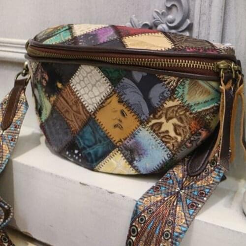 European Style Handmade Spliced Vintage Cowhide Shoulder Bags Women Famous Brand Genuine Leather Sling Crossbody Bags Female