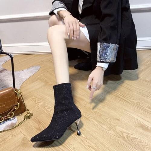 Womens Boots Autumn Winter Stretch Fabric Sock Mid-calf Boots Sexy Ladies Thin High Heels Shoes Pointed Toe Female Pumps 2021