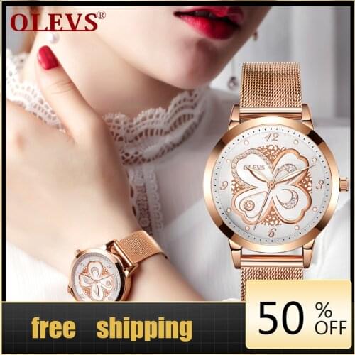 OLEVS womens watch simple ultra thin quartz watch waterproof fashion lucky clover Diamond Rose Gold Watch Stainless Steel Watch