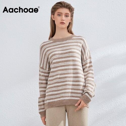Aachoae Women Basic O Neck Batwing Long Sleeve Knitted Sweaters Casual Chic Striped Jumpers Autumn Women Loose Sweater Tops