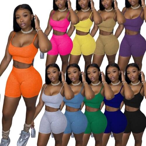 Womens summer Solid Sexy sporty Two Piece set Sling Crop vest Tops and shorts yoga fitness training Tracksuits Outfits