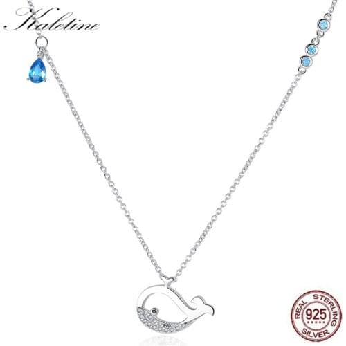 Kaletine 925 Sterling Silver Necklace Blue Stone Fish Long Necklace Women Custom Necklace Choker Girl Kids Jewelry Link Chain