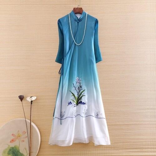 Spring And Summer Chinese Style Women Qipao Dress Retro Embroidery 3/4 Sleeve Slim Elegant Lady A-line Cheongsam Dress S-XXL