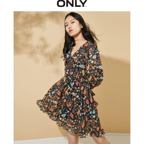ONLY Summer V-neck Floral Pattern Design Waist Temperament Chiffon Dress | 120107695