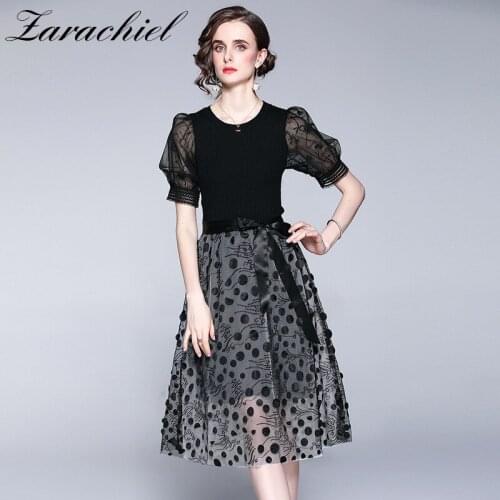 2021 Autumn Short Puff Sleeve Mesh Pullover Sequin Embroidery Dress Luxury Ice Silk Knitted Stitching Midi Tulle Belt Vestido