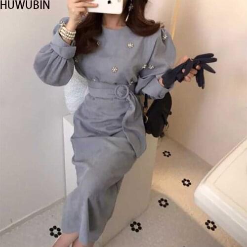 2021 Autumn New Womens Round Neck Chic Leisure Retro Corduroy Nail Bead Belt Fashion Elegant Avant-Garde Party Waist Dress