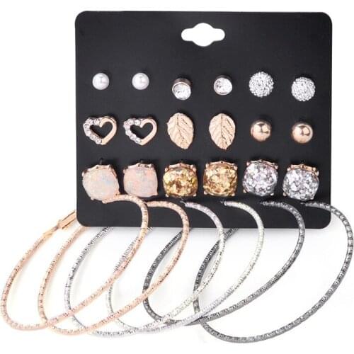 12pair/set Punk Fashion Leaf Ear Big Circle Hoop Earrings Heart, Feather, Crystal, Pearl Gem Ear Studs Bijoux Femme Brincos Aros
