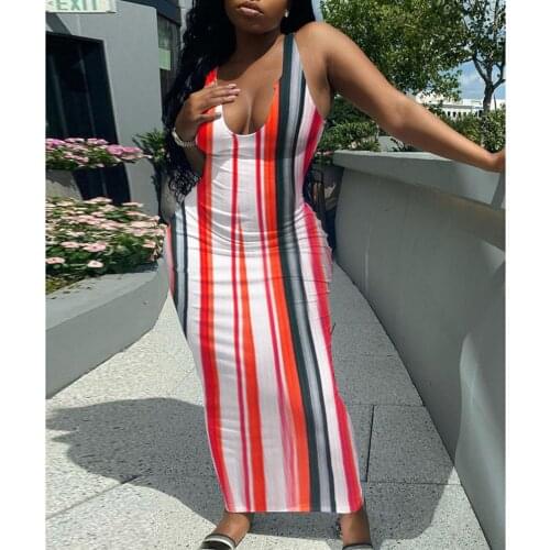 2021 Womens Casual Sleeveless Tight Dress Summer Fashion Stripe Printing V-neck Long Dress for Vacation Daily Wear