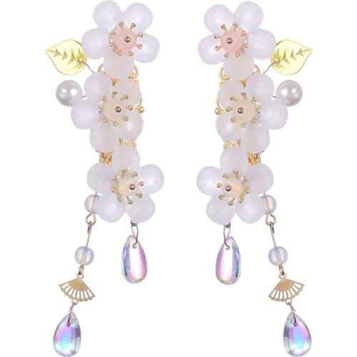 2x Ancient Chinese Dangling Tassel Hair Clip Leaf Flower Barrette Alloy Hairpin