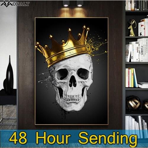 Abstract Canvas Painting Decorative Picture Skull With Golden Crown Black and White Posters on the Wall Modern ART Hoom Decor
