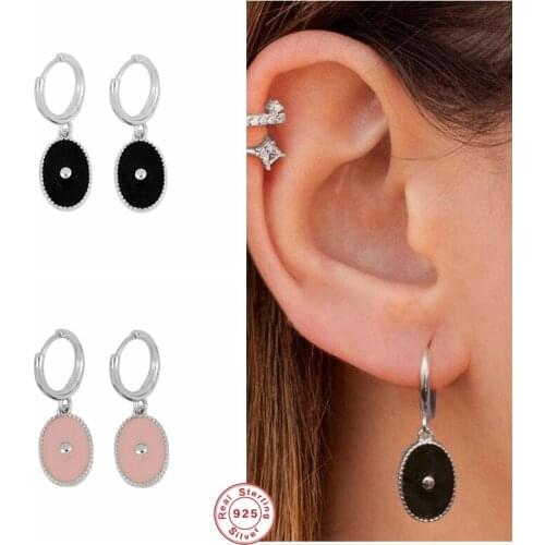 GS 925 Sterling Silver Pink Black Enamel Oval Pendant Gold Hoop Earrings For Women Small Circle Huggie Earring Party Jewelry