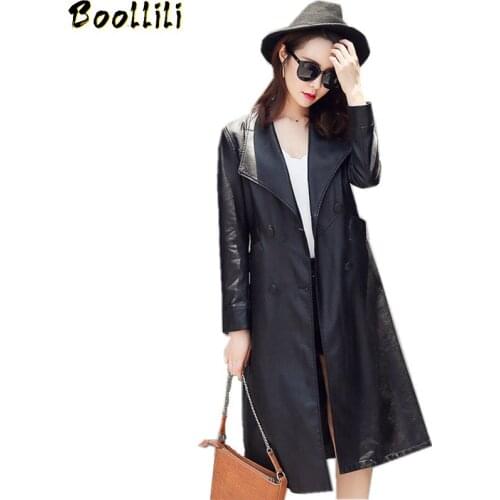 Boollili 2020 High Quality Faux Leather Jacket Womens Windbreaker Long Trench Coat Casaco Feminino Elegant Ladies Coats