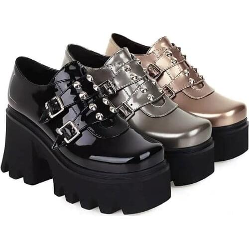 Womens Autumn Chunky Boots 2021 Platform Boots Women Fashion Size 43 Rivet Belt Buckle Women Shoes High Heels Botas De Mujer