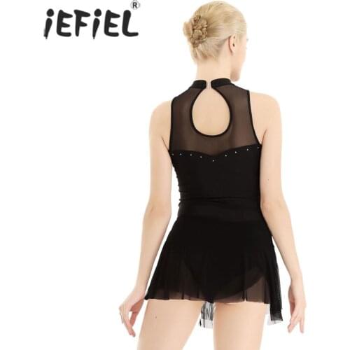IEFiEL Women Adult Mesh Splice Skating Dancing Costume Ballet Dance Dress with Built-in Gymnastics Leotard for Women Bodysuit