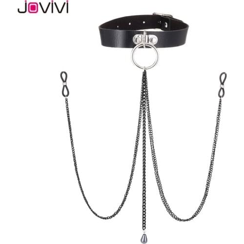 Jovivi 1x Leather Noose Fake Nipple Rings Choker Silicone Non Piercing Adjustable Nipple Chain Sexy Body Piercing Jewelry Black