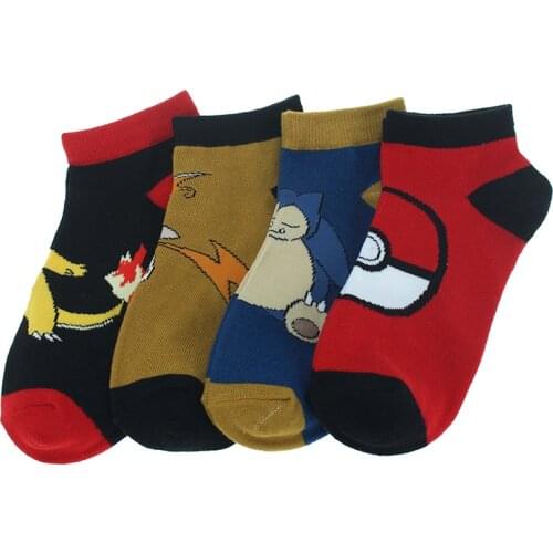 4 Pairs Fashion autumn Art Unisex men women cotton couple boat socks pokemon Ball Pattern Jacquard Cartoon Gifts Low Ankle Socks