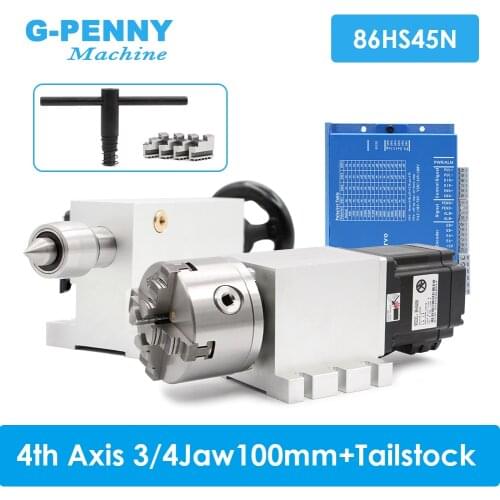 NEW! 4th Axis 3/4Jaw 100mm CNC dividing head/Rotation Axis/A axis kit NEMA34 86HS45N 4.5N.m & HBS86H & Tailstock Changeable Head