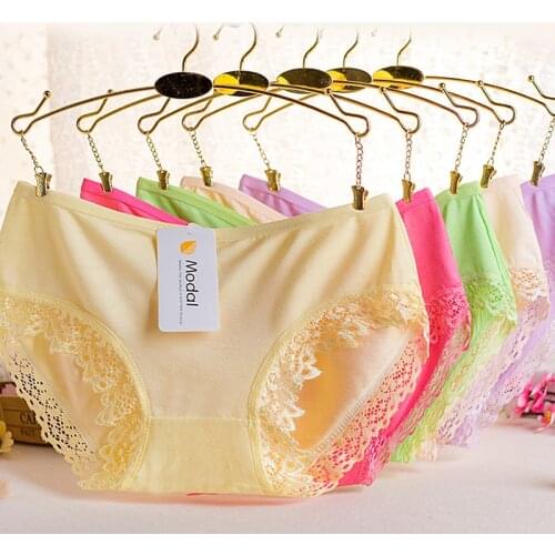 New Solid Color Modal Low Waist Womens Underwear Lace Panties Cotton Sexy Panties Splicing Briefs Panties