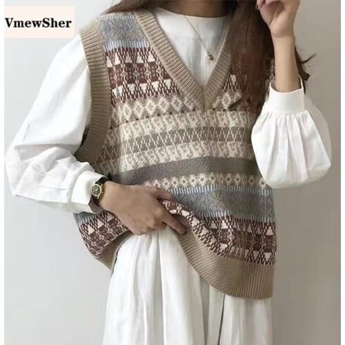 VmewSher New V Neck Knitted Sweater Vest Autumn Winter Korean Style Sleeveless Tops Sweater Short Loose Female Pullovers Vest