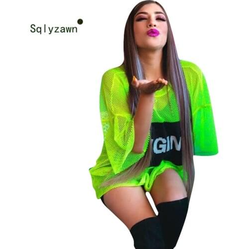 Summer Fishnet Oversized Loose T-shirt Dresses Women Short Sleeve Summer Dress Hollow Out Mesh Casual Transparent Dress Fashion