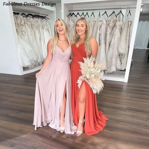 Red A Line Chiffon Bridesmaid Dresses Long Sexy Split V-neck Spaghetti Strap Backless Pleat Wedding Party Dress Maid Of Honor