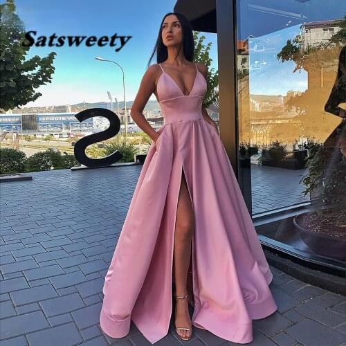 Sexy V Neck Satin Evening Dresses Spaghetti Strap Side Slit Prom Dress High Waist Evening Gowns Party Dress Robe de soiree