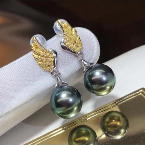 D802 Pearl Earrings Fine Jewelry Solid 18k Gold Round 10-11mm Sea Water Peacock Green Tahiti Black Pearls Drop Dangle Earrings