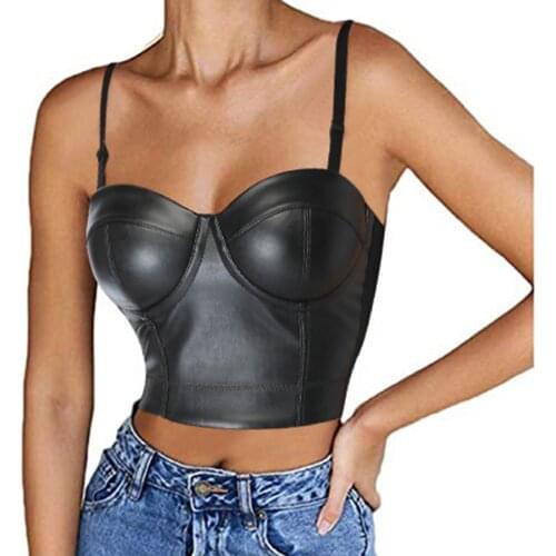 PU Leather Bustier Crop Top Gothic Punk Push Up Womens Overbust Corset Top Bra Black Corset Top Bra for Party Club Rave Outfit